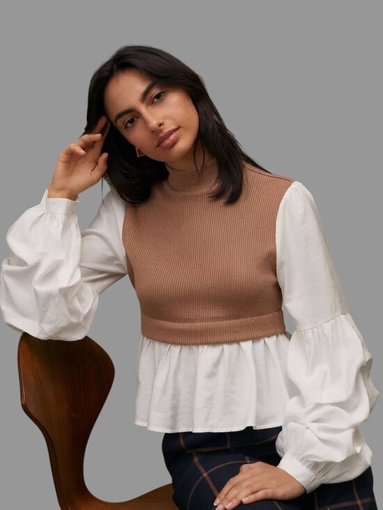Anthropologie Tops - Anthropologie Mixed Media Mock Neck Ruffle Sleeve Peplum Top Tan Medium